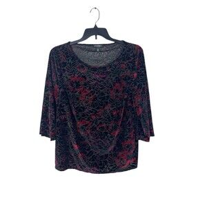 Roz & Ali Woman 2X Burnout Velvet Floral Top Black Red Stretch 3/4 Sleeve